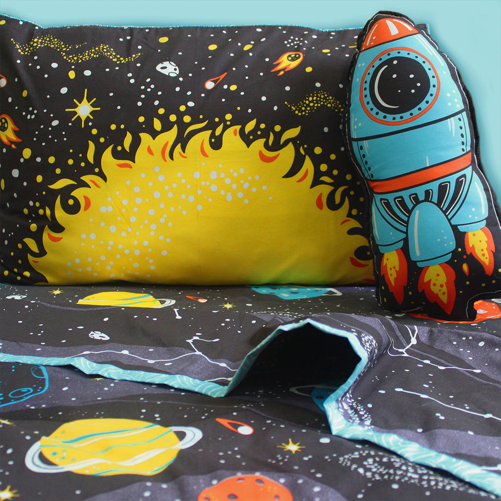 Outer Space Bundle of Joy Single/Double/King Bedsheet with Pillow Cover, Reversible Blanket & Cushion (Can be Personalised)