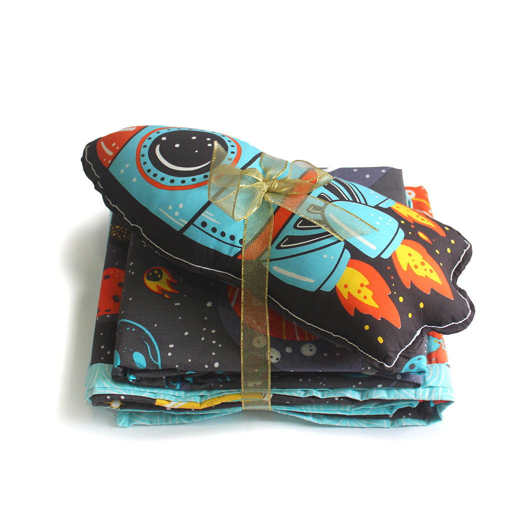 Outer Space Bundle of Joy Single/Double/King Bedsheet with Pillow Cover, Reversible Blanket & Cushion (Can be Personalised)
