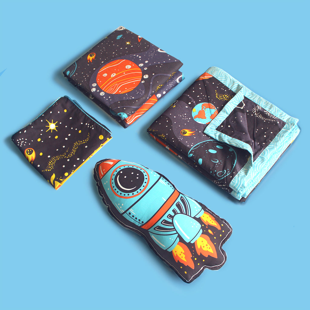 Outer Space Bundle of Joy Single/Double/King Bedsheet with Pillow Cover, Reversible Blanket & Cushion (Can be Personalised)