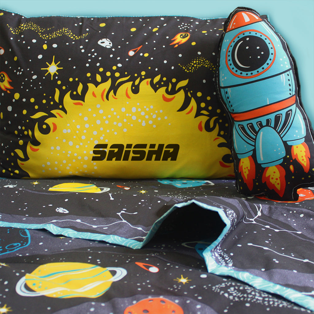 Outer Space Bundle of Joy Single/Double/King Bedsheet with Pillow Cover, Reversible Blanket & Cushion (Can be Personalised)
