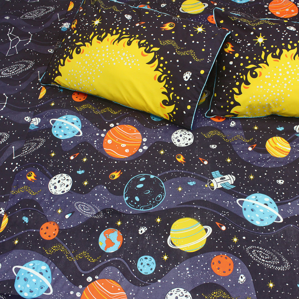 Outer Space 100% Cotton Bedsheet for Boys and Girls with Pillow Cover - Single/Double/King (Can be Personalised)