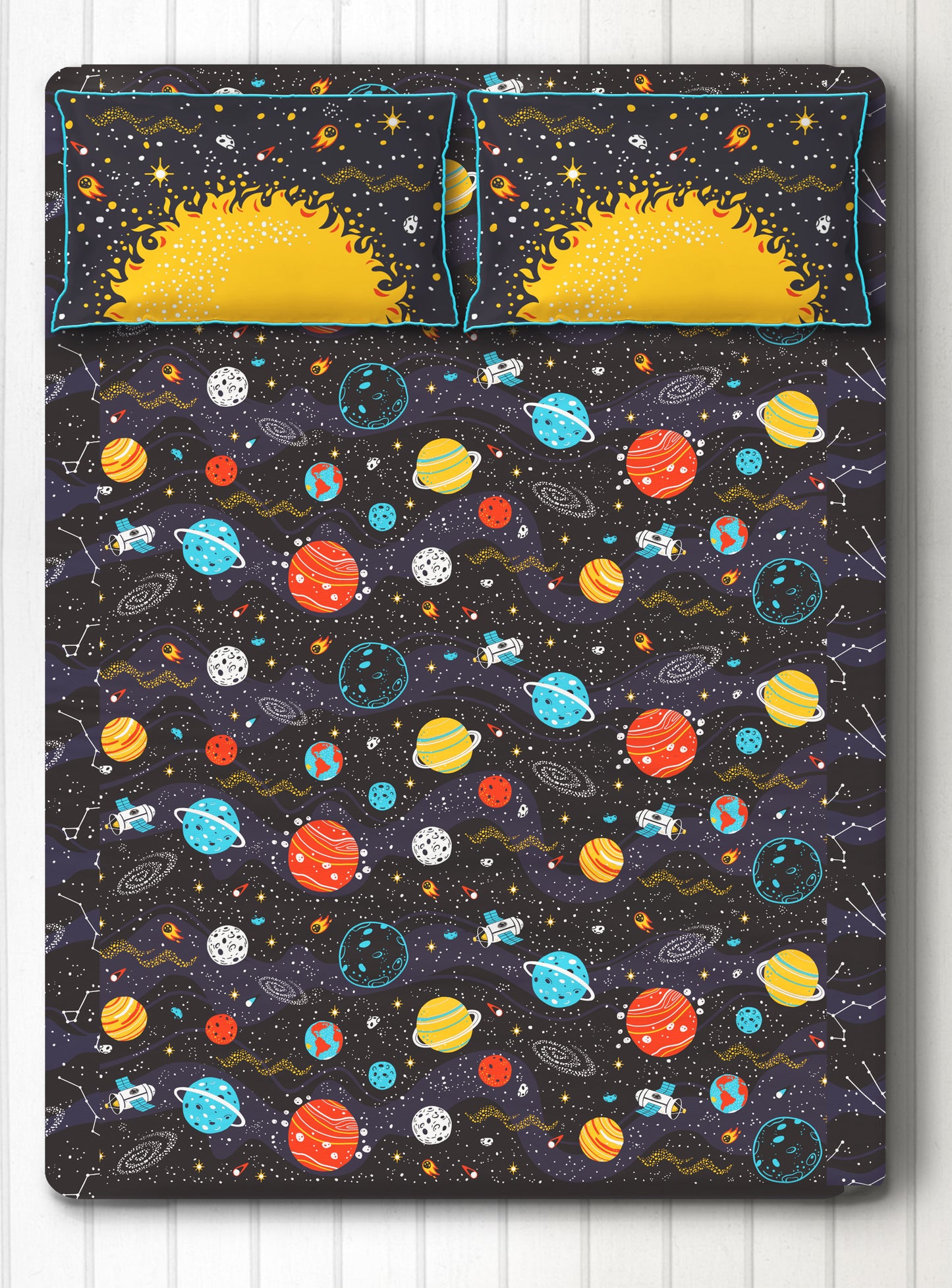Outer Space 100% Cotton Bedsheet for Boys and Girls with Pillow Cover - Single/Double/King (Can be Personalised)