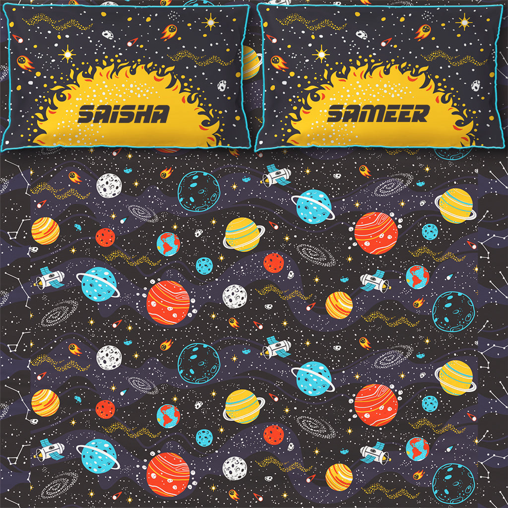 Outer Space 100% Cotton Bedsheet for Boys and Girls with Pillow Cover - Single/Double/King (Can be Personalised)