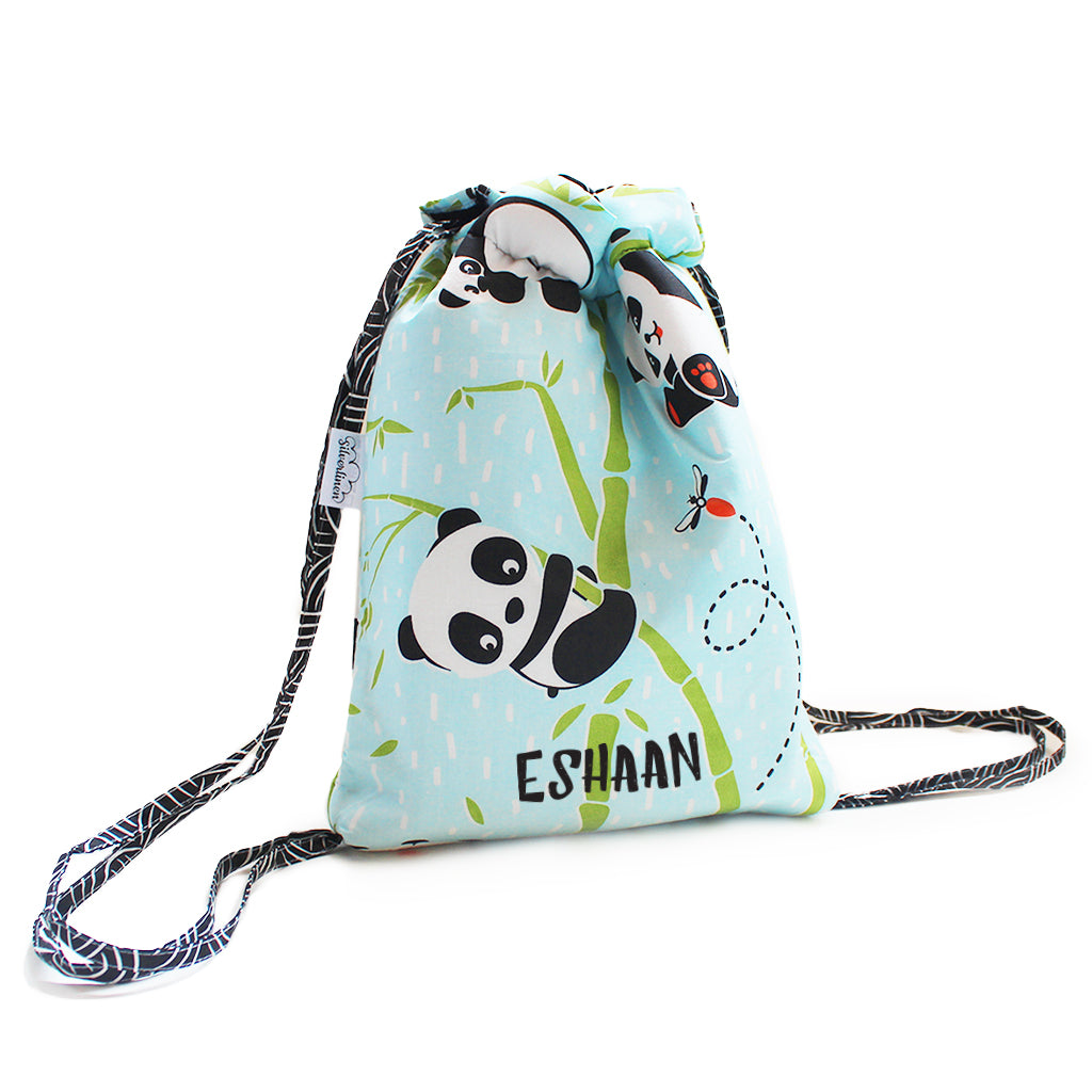 Drawstring Bag with Waterproof Lining || Multipurpose, Swimming Bag, Tuition Bag (Can be Personalised) - Panda Village, Blue