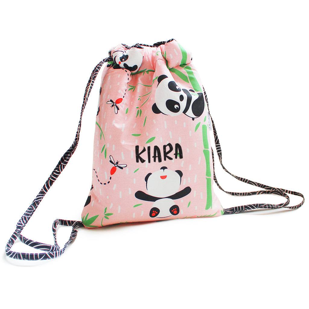 Drawstring Bag with Waterproof Lining || Multipurpose, Swimming Bag, Tuition Bag (Can be Personalised)- Panda Village, Pink
