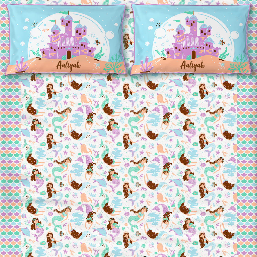 Magical Mermaids 100% Cotton Bedsheet for Boys and Girls with Pillow Cover - Single/Double/King (Can be Personalised)