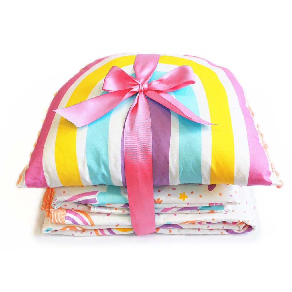 Over the Rainbow Bundle of Joy Single/Double/King Bedsheet with Pillow Cover, Reversible Blanket & Cushion - (Can be Personalised)