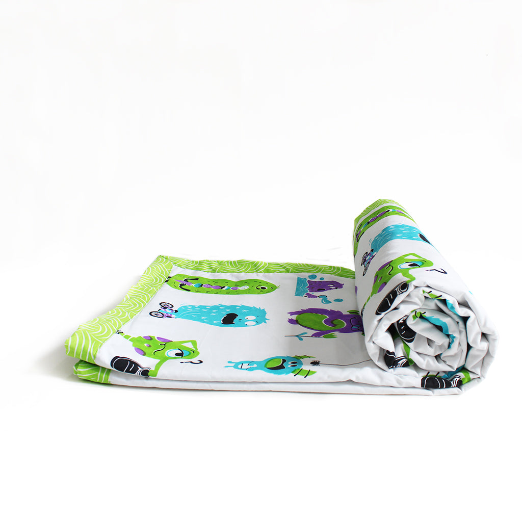 Silly Monsters 100% Cotton 3 Layer Reversible Single Blanket Dohar for Boys & Girls - Green (Can be Personalised)