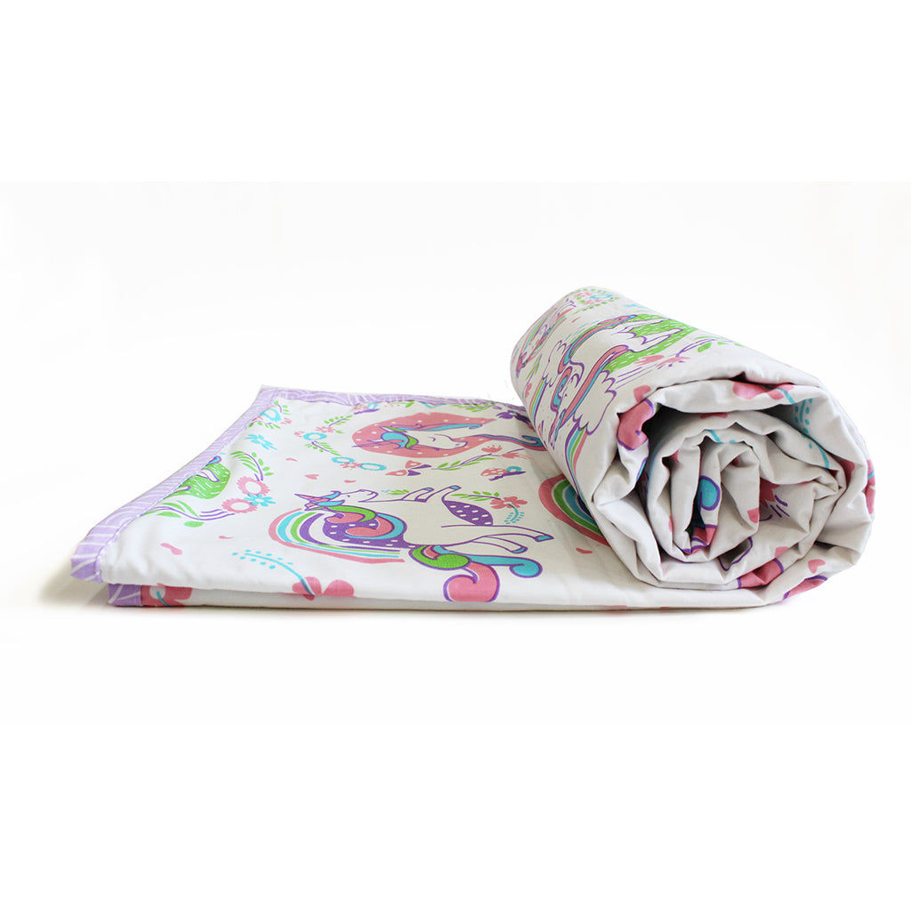 Unicorn & Rainbows 100% Cotton 3 Layer Reversible Single Blanket Dohar for Girls - (Can be Personalised)