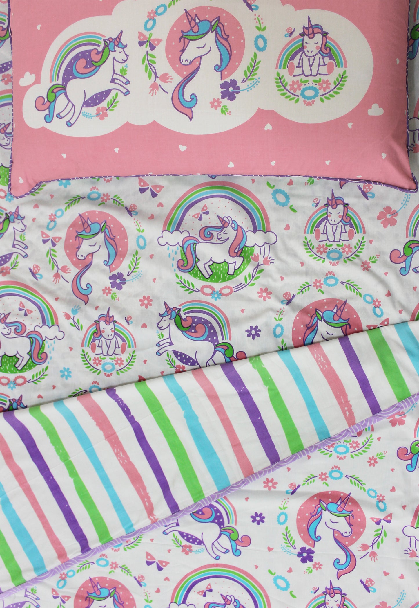 Unicorn & Rainbows 100% Cotton 3 Layer Reversible Single Blanket Dohar for Girls - (Can be Personalised)