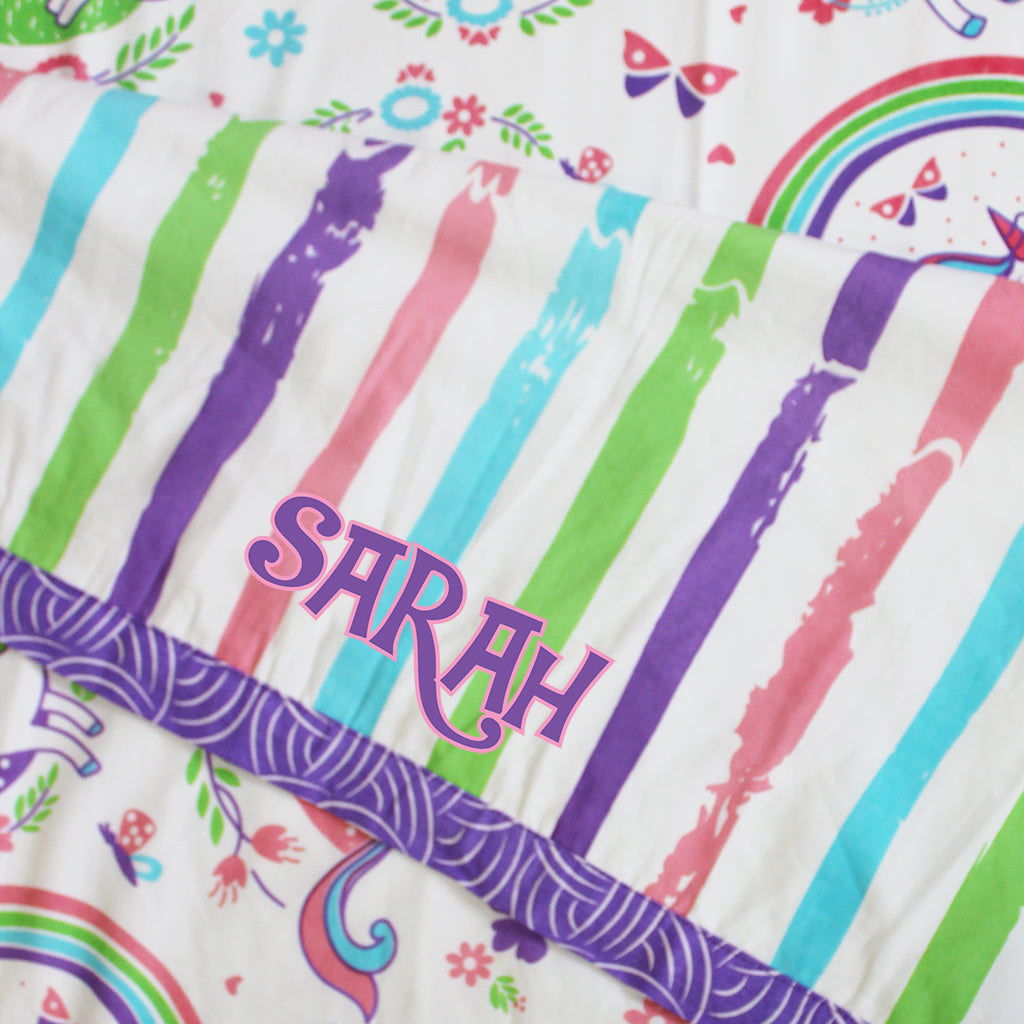 Unicorn & Rainbows 100% Cotton 3 Layer Reversible Single Blanket Dohar for Girls - (Can be Personalised)
