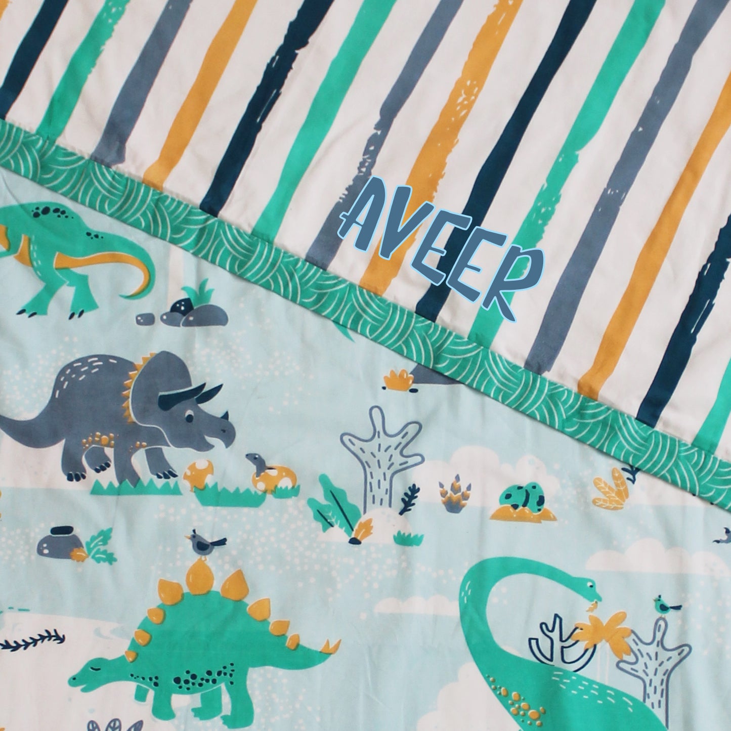 Snooze & Roar Dinosaur 100% Cotton 3 Layer Reversible Single Blanket Dohar for Boys & Girls (Can be Personalised)