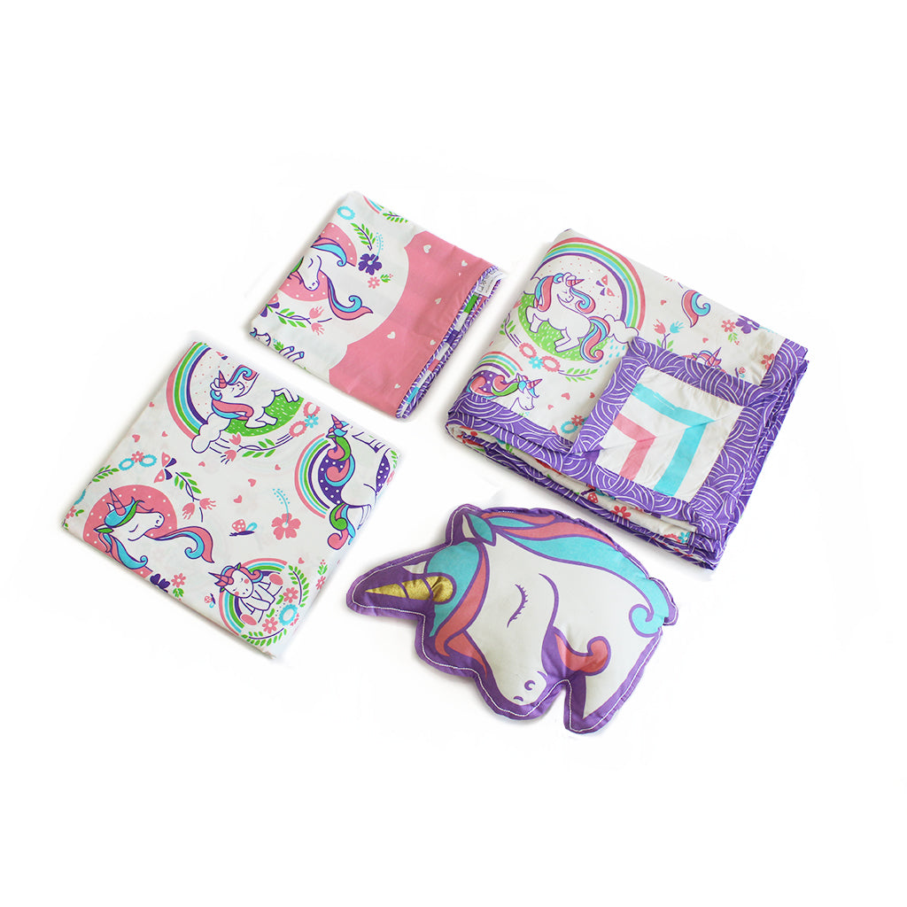 Unicorn & Rainbows Bundle of Joy Single/Double/King Bedsheet with Pillow Cover, Reversible Blanket & Cushion (Can be Personalised)