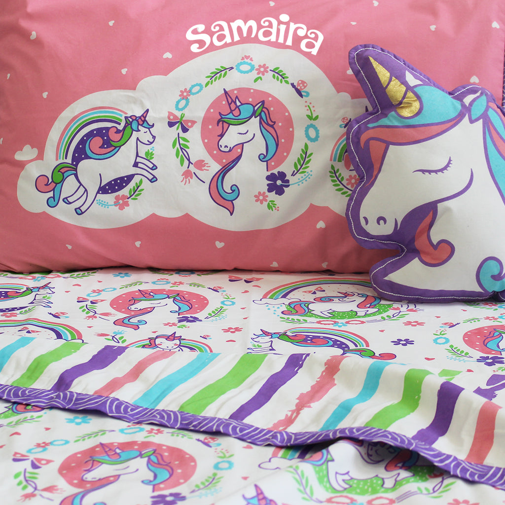 Unicorn & Rainbows Bundle of Joy Single/Double/King Bedsheet with Pillow Cover, Reversible Blanket & Cushion (Can be Personalised)