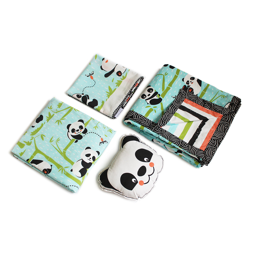 Panda Village Bundle of Joy Single/Double Bedsheet with Pillow Cover, Reversible Blanket & Cushion - Blue (Can be Personalised)