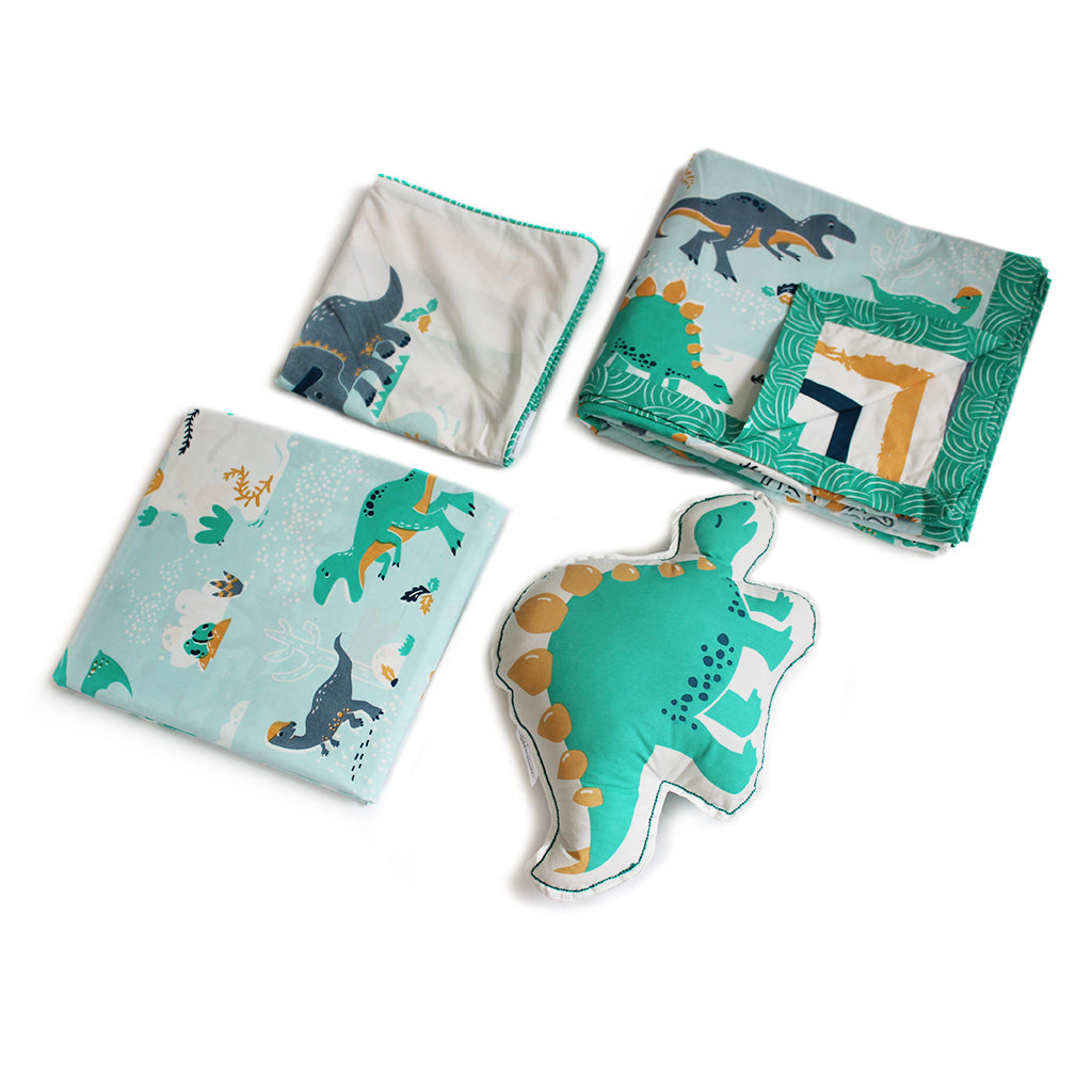 Snooze & Roar Dinosaur Bundle of Joy Single/Double/King Bedsheet with Pillow Cover, Reversible Blanket & Cushion (Can be Personalised)