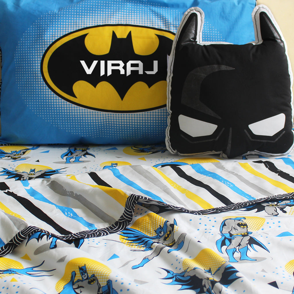 Official DC Comics Batman Bundle of Joy Single/Double/King Bedsheet with Pillow Cover, Reversible Blanket & Cushion - (Can be Personalised)
