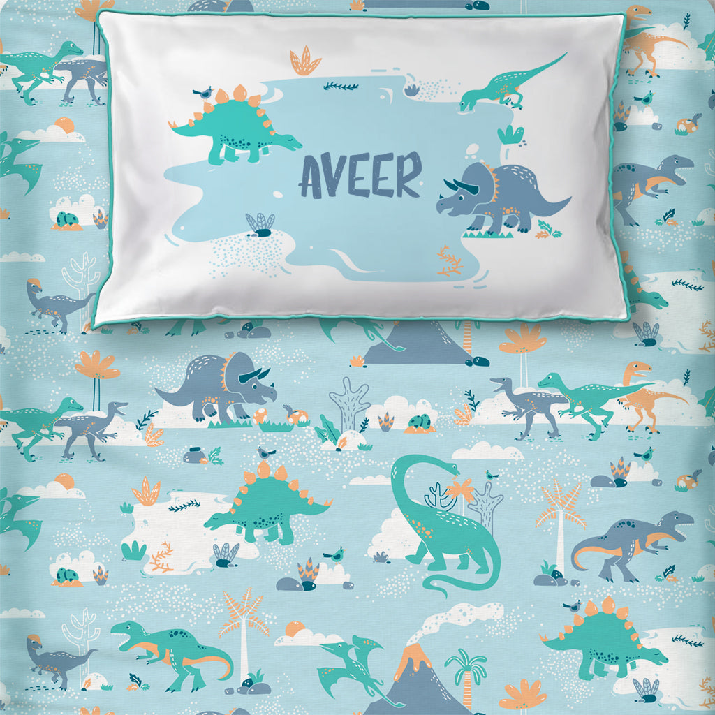 Snooze & Roar Dinosaur 100% Cotton Bedsheet for Boys and Girls with Pillow Cover - Single/Double/King (Can be Personalised)