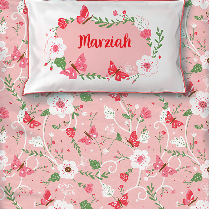 Flowers & Butterflies 100% Cotton Bedsheet for Girls with Pillow Cover - Single/Double/King (Can be Personalised)