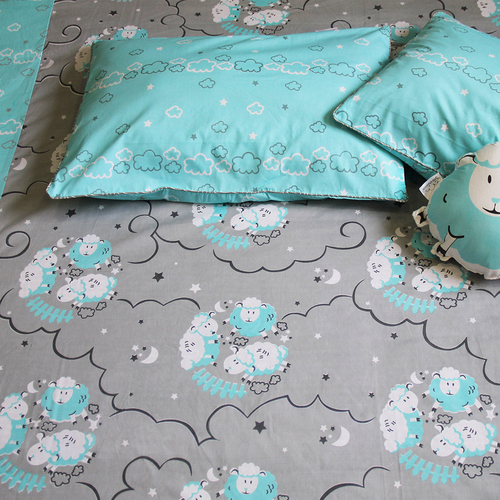 Counting Sheep 100% Cotton Bedsheet for Boys & Girls with Pillow Cover - Blue - Single/Double (Can be Personalised)