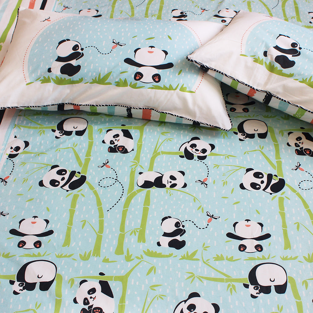 Panda Village 100% Cotton Bedsheet for Boys & Girls with Pillow Cover - Blue - Single/Double (Can be Personalised)