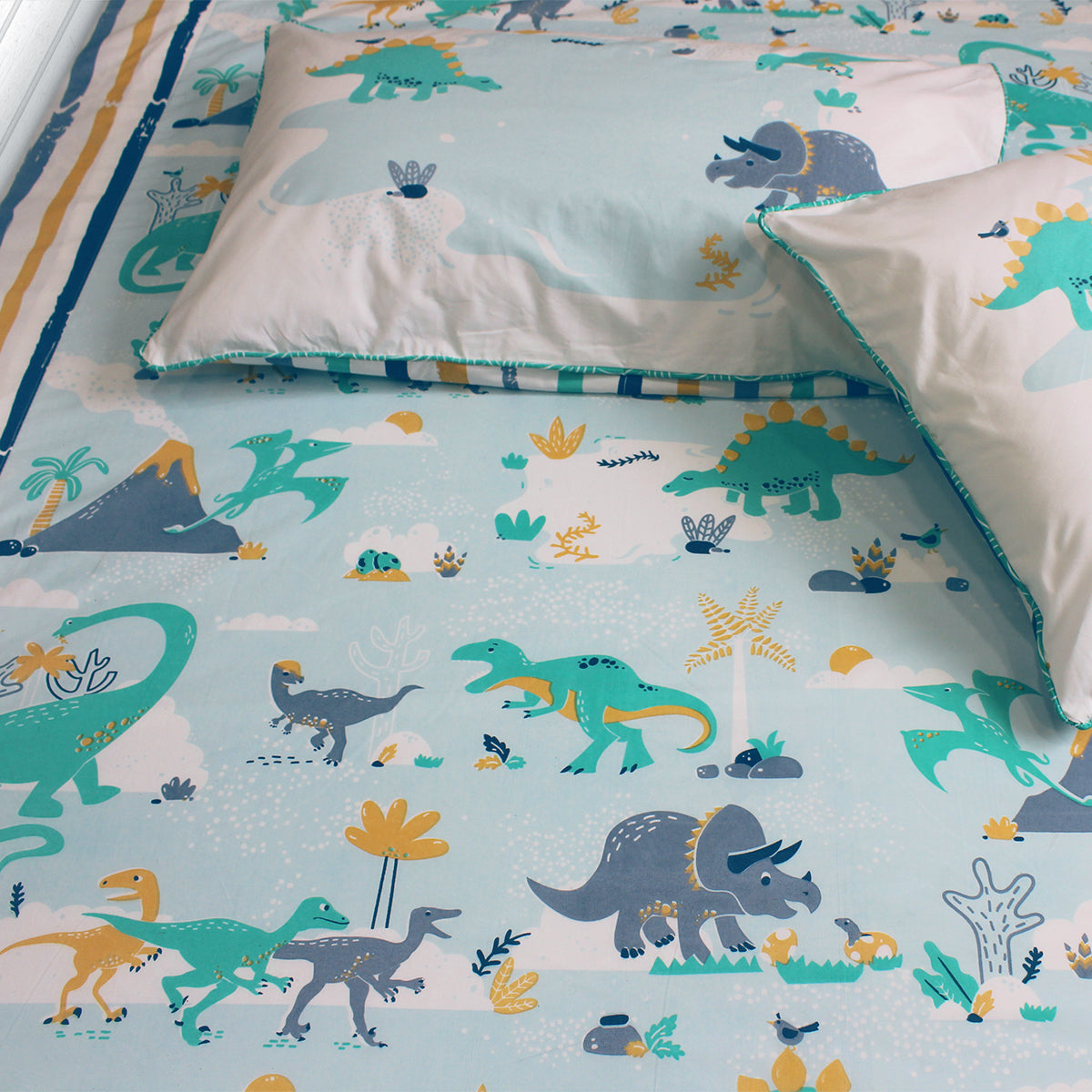 Snooze & Roar Dinosaur 100% Cotton Bedsheet for Boys and Girls with Pillow Cover - Single/Double/King (Can be Personalised)