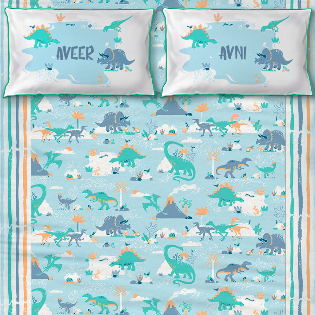 Snooze & Roar Dinosaur 100% Cotton Bedsheet for Boys and Girls with Pillow Cover - Single/Double/King (Can be Personalised)