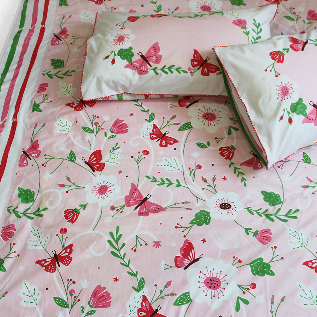 Flowers & Butterflies 100% Cotton Bedsheet for Girls with Pillow Cover - Single/Double/King (Can be Personalised)