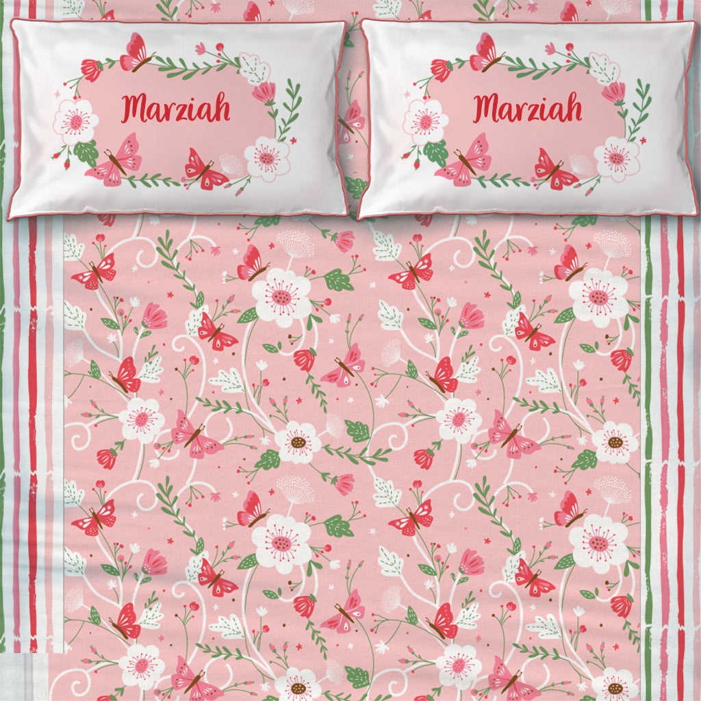Flowers & Butterflies 100% Cotton Bedsheet for Girls with Pillow Cover - Single/Double/King (Can be Personalised)