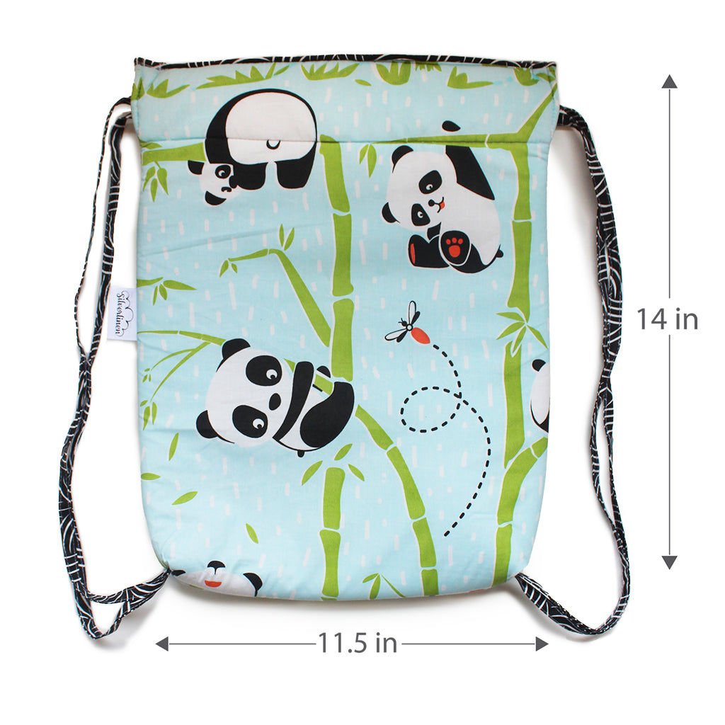 Drawstring Bag with Waterproof Lining || Multipurpose, Swimming Bag, Tuition Bag (Can be Personalised) - Panda Village, Blue
