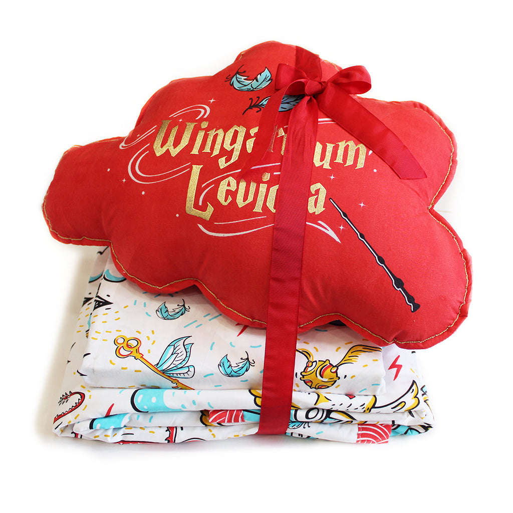 Official Harry Potter Wingardium Leviosa Bundle of Joy Single/Double/King Bedsheet with Pillow Cover, Reversible Blanket & Cushion (Can be Personalised)