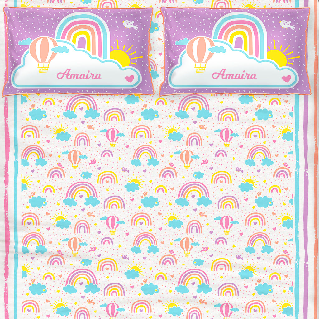 Over the Rainbow 100% Cotton Bedsheet for Girls with Pillow Cover - Single/Double/King (Can be Personalised)