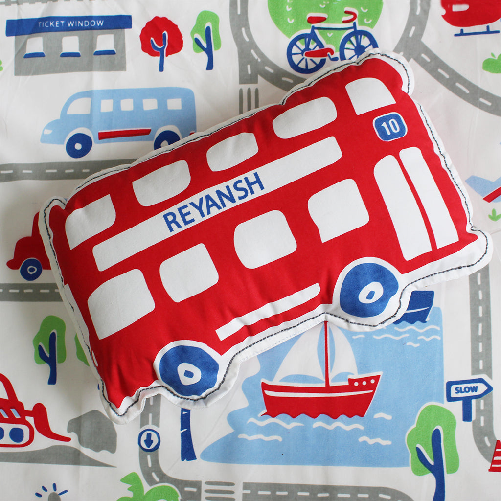 Busy Street Big Bus Shape Cushion for Boys & Girls (Can be Personalised)