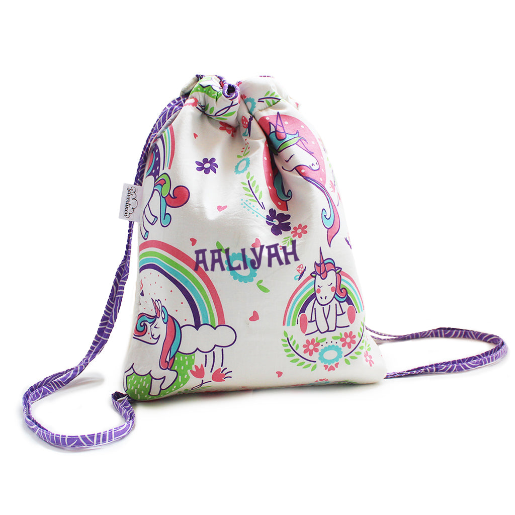 Drawstring Bag with Waterproof Lining || Multipurpose, Swimming Bag, Tuition Bag (Can be Personalised)- Unicorn & Rainbows