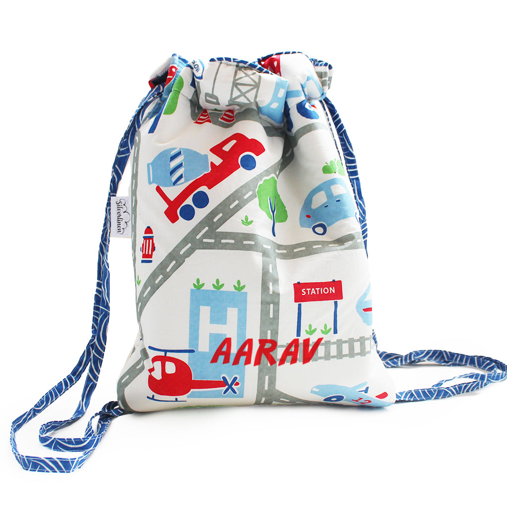 Drawstring Bag with Waterproof Lining || Multipurpose, Swimming Bag, Playtime Bag, Tuition Bag - Busy Street
