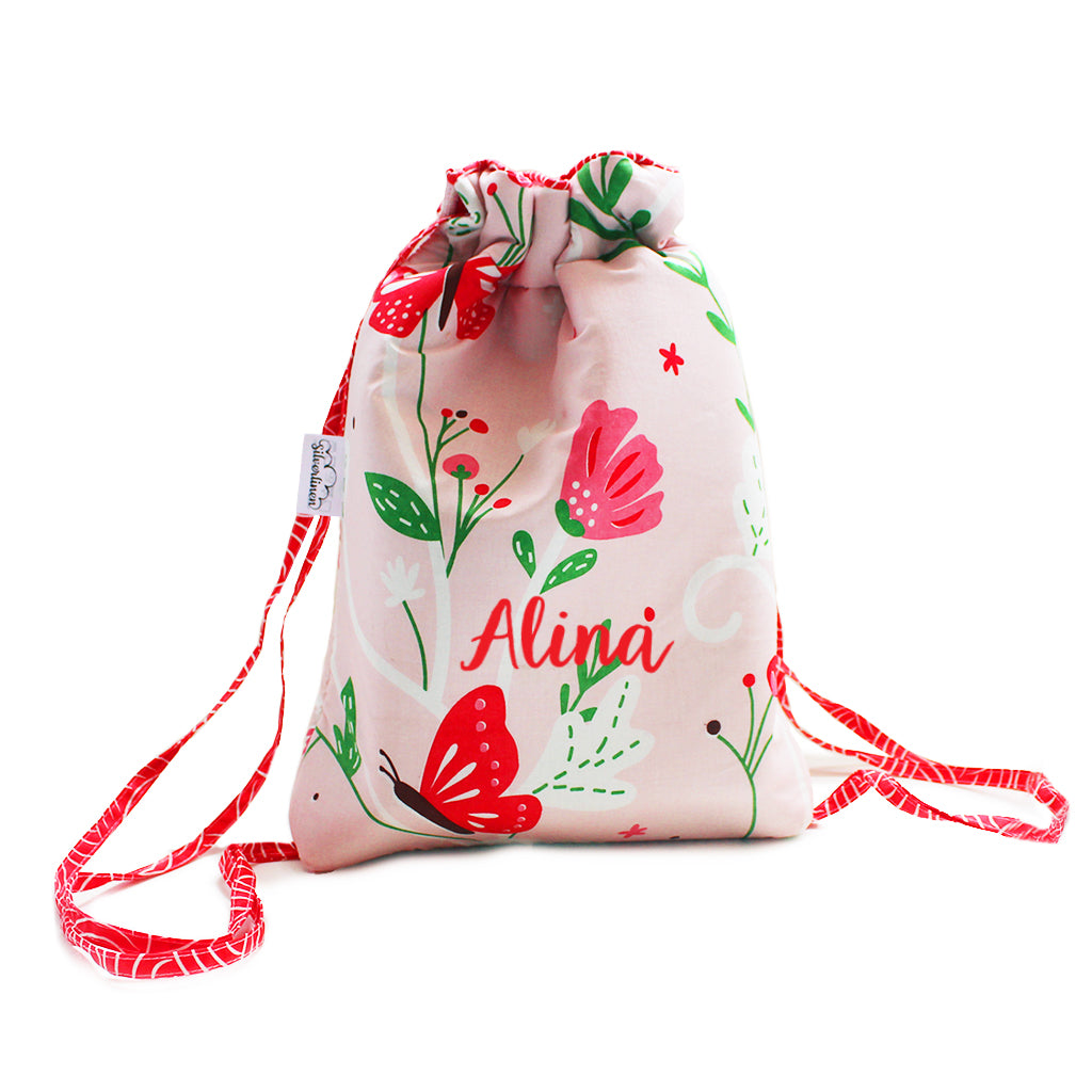 Drawstring Bag with Waterproof Lining || Multipurpose, Swimming Bag, Tuition Bag (Can be Personalised)- Flowers & Butterflies