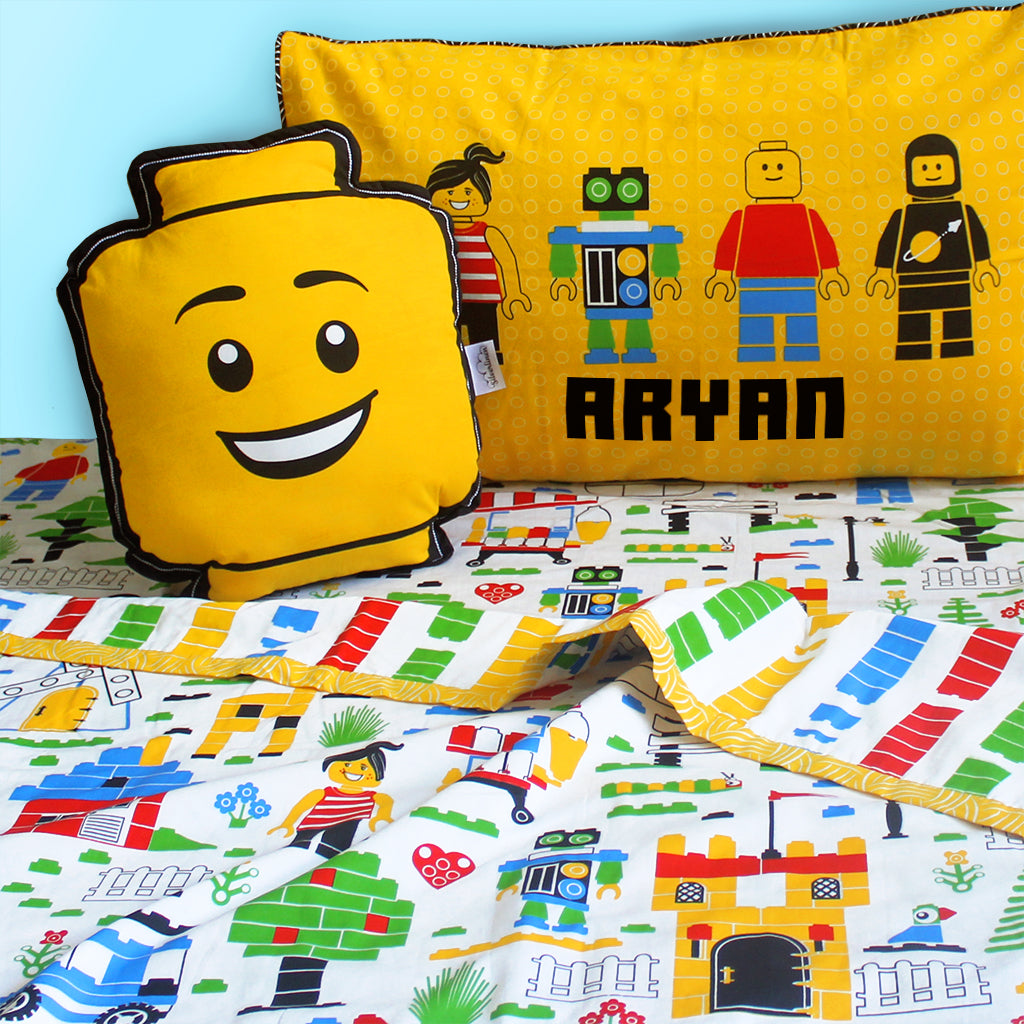 Let's Go Build Bundle of Joy Single/Double/King Bedsheet with Pillow Cover, Reversible Blanket & Cushion (Can be Personalised)