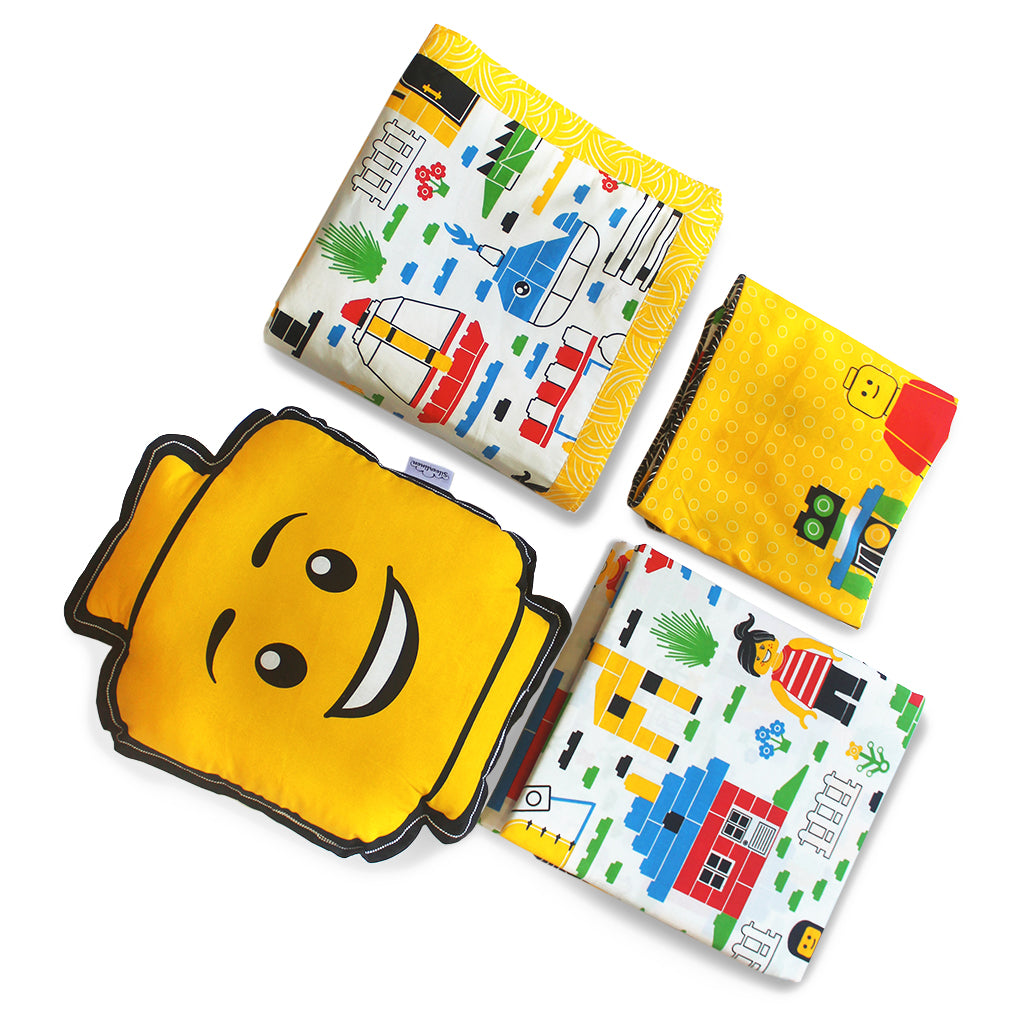 Let's Go Build Bundle of Joy Single/Double/King Bedsheet with Pillow Cover, Reversible Blanket & Cushion (Can be Personalised)