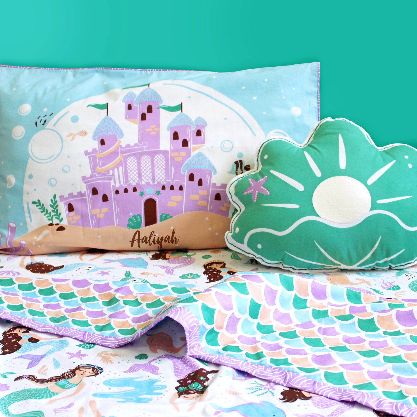 Magical Mermaids Bundle of Joy Single/Double/King Bedsheet with Pillow Cover, Reversible Blanket & Cushion (Can be Personalised)