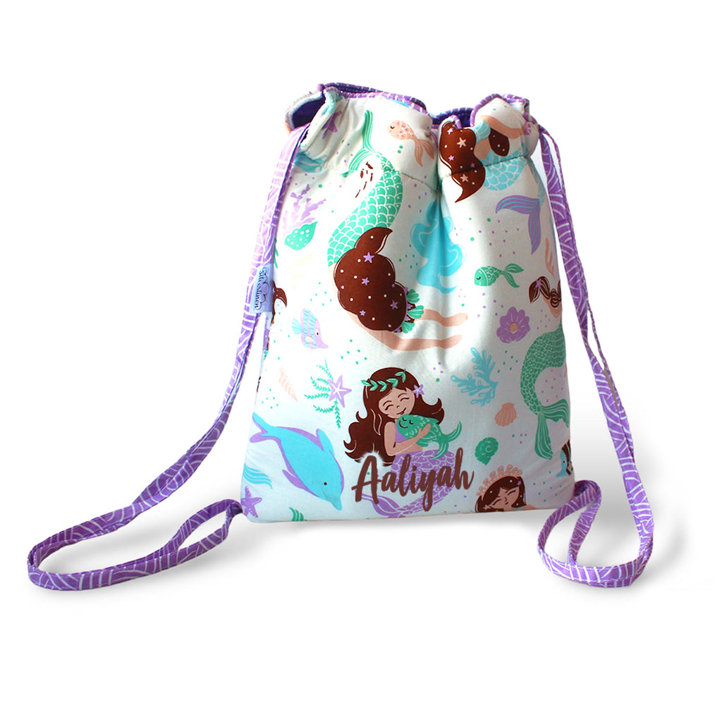 Drawstring Bag with Waterproof Lining || Multipurpose, Swimming Bag, Tuition Bag (Can be Personalised)- Mermaid