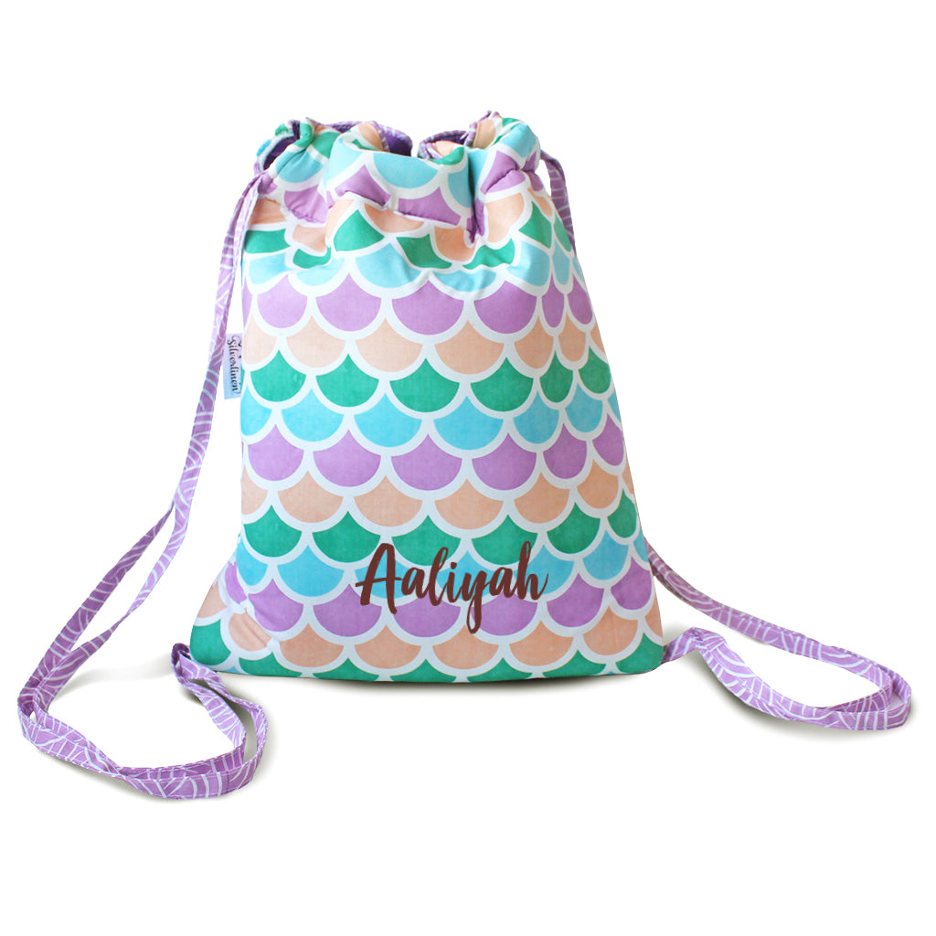 Drawstring Bag with Waterproof Lining || Multipurpose, Swimming Bag, Tuition Bag (Can be Personalised)- Mermaid Scales