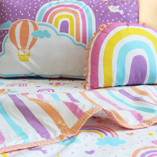 Over the Rainbow Bundle of Joy Single/Double/King Bedsheet with Pillow Cover, Reversible Blanket & Cushion - (Can be Personalised)