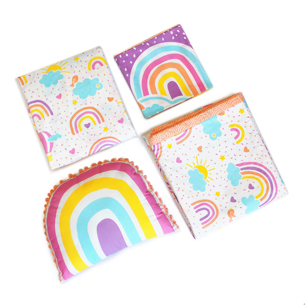 Over the Rainbow Bundle of Joy Single/Double/King Bedsheet with Pillow Cover, Reversible Blanket & Cushion - (Can be Personalised)