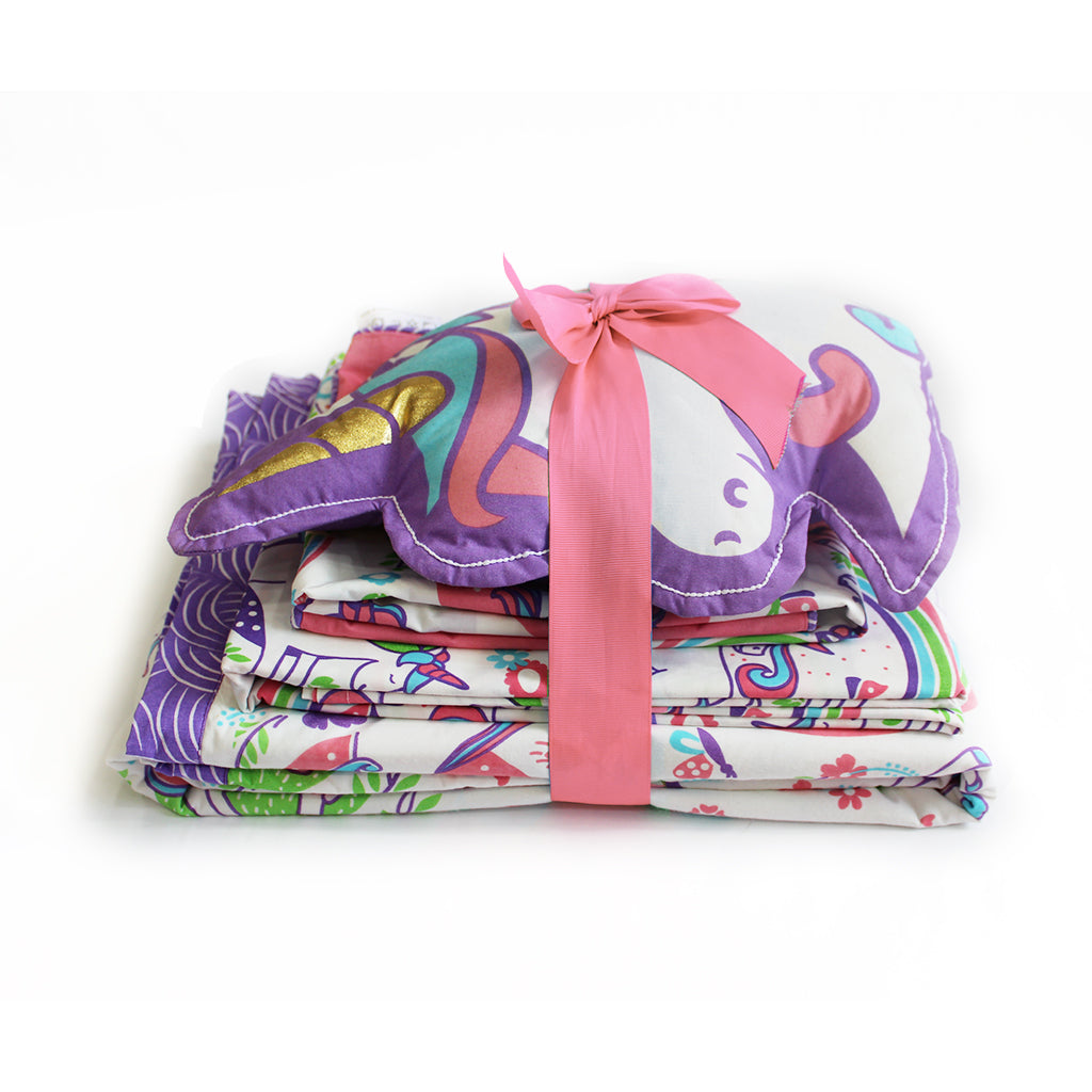 Unicorn & Rainbows Bundle of Joy Single/Double/King Bedsheet with Pillow Cover, Reversible Blanket & Cushion (Can be Personalised)