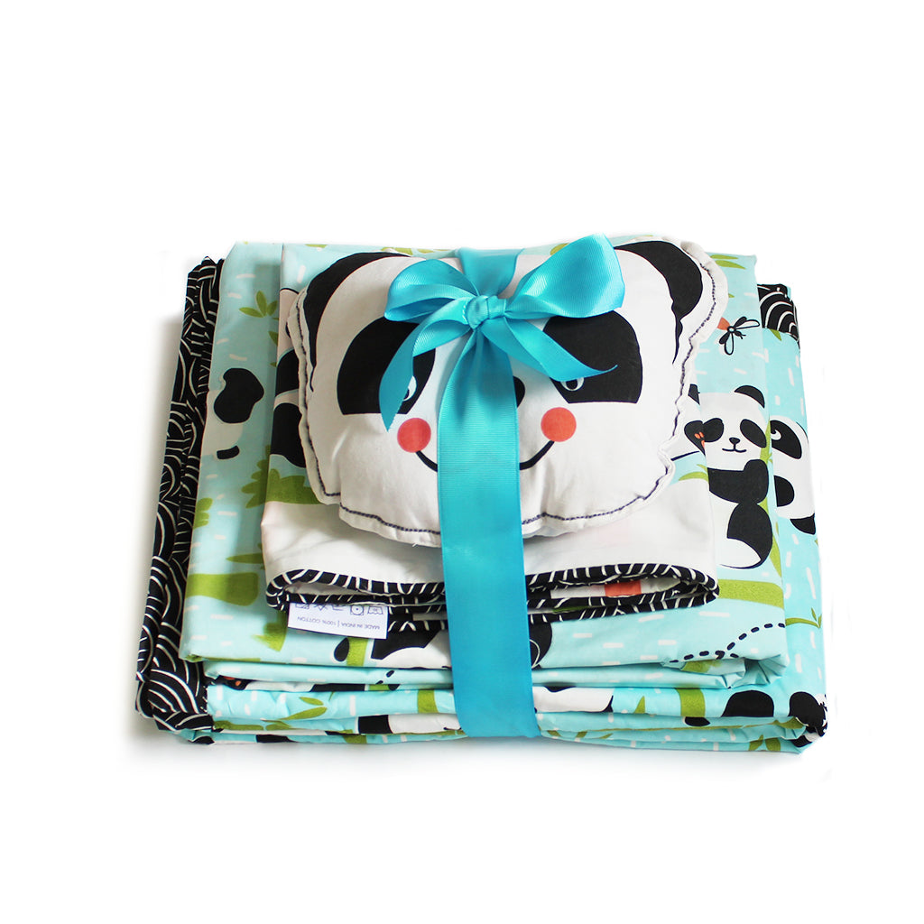 Panda Village Bundle of Joy Single/Double Bedsheet with Pillow Cover, Reversible Blanket & Cushion - Blue (Can be Personalised)