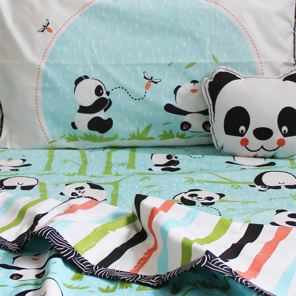 Panda Village Bundle of Joy Single/Double Bedsheet with Pillow Cover, Reversible Blanket & Cushion - Blue (Can be Personalised)
