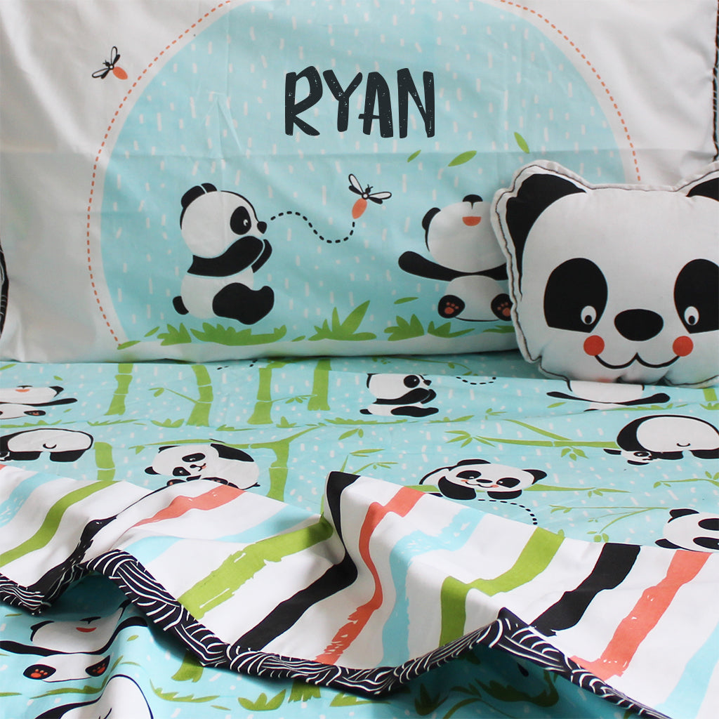 Panda Village Bundle of Joy Single/Double Bedsheet with Pillow Cover, Reversible Blanket & Cushion - Blue (Can be Personalised)