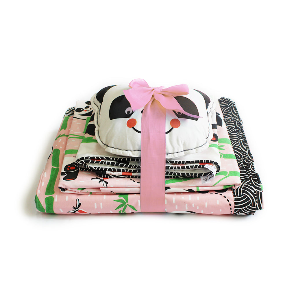 Panda Village Bundle of Joy Single/Double/King Bedsheet with Pillow Cover, Reversible Blanket & Cushion - Pink (Can be Personalised)
