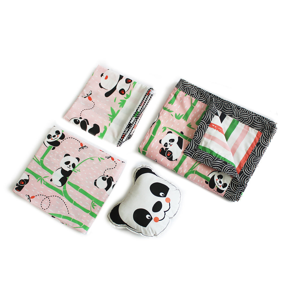 Panda Village Bundle of Joy Single/Double/King Bedsheet with Pillow Cover, Reversible Blanket & Cushion - Pink (Can be Personalised)