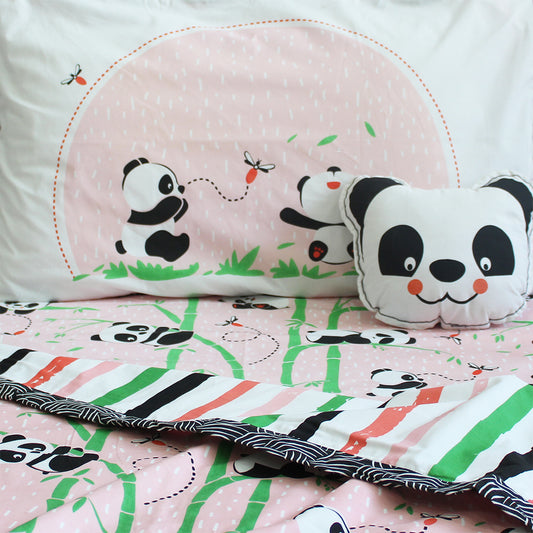 Panda Village Bundle of Joy Single/Double/King Bedsheet with Pillow Cover, Reversible Blanket & Cushion - Pink (Can be Personalised)